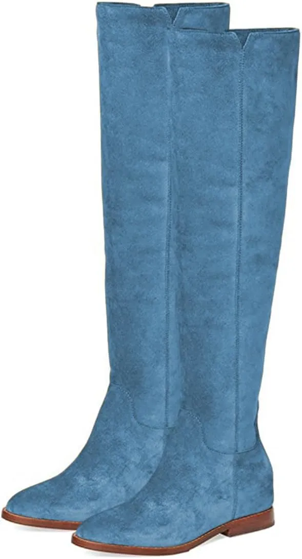 FYS Women's Fashion Round Toe Flat Low Heel Knee High Boots V-cut Side Zipper Long Boots Fall Winter Dress Shoes Size 4-16 US