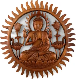 G6 Collection 12" Wooden Hand Carved Wall Hanging Serene Buddha Meditation Sculpture Statue Handmade Figurine Relief Gift Home Decor Handcrafted Decoration Round Buddha Plaque