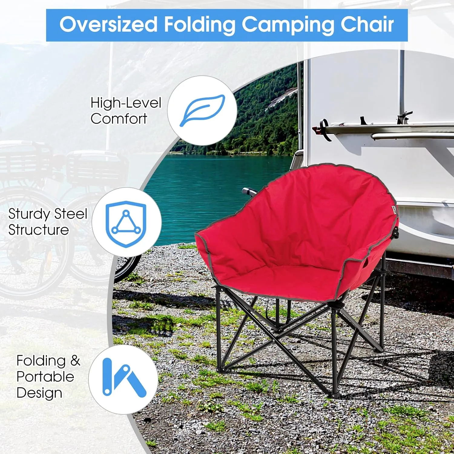 Giantex Portable Camping Chair, Lawn Chair, Outdoor Folding Chair with Cup Holder, Soft Seat, (Red)