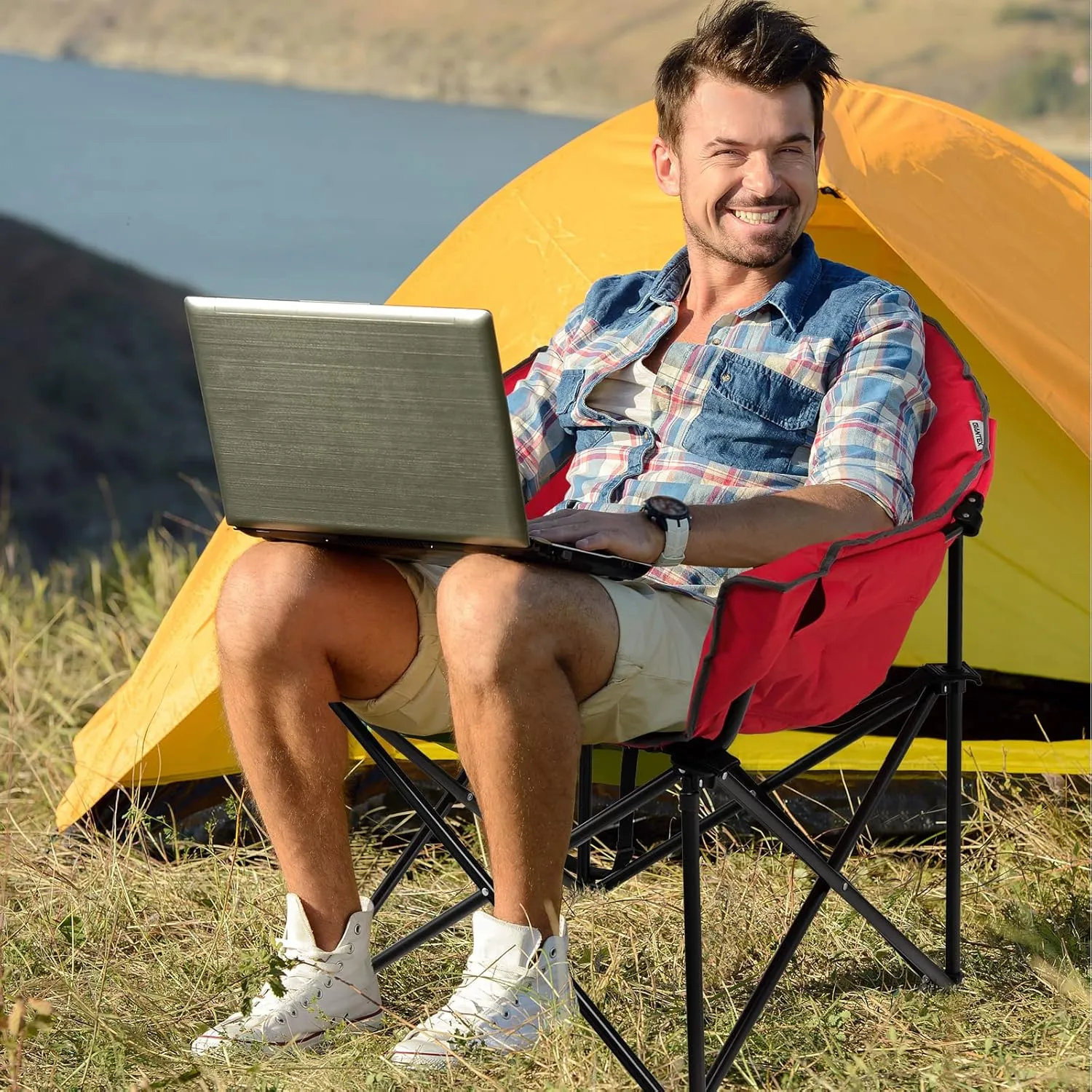 Giantex Portable Camping Chair, Lawn Chair, Outdoor Folding Chair with Cup Holder, Soft Seat, (Red)