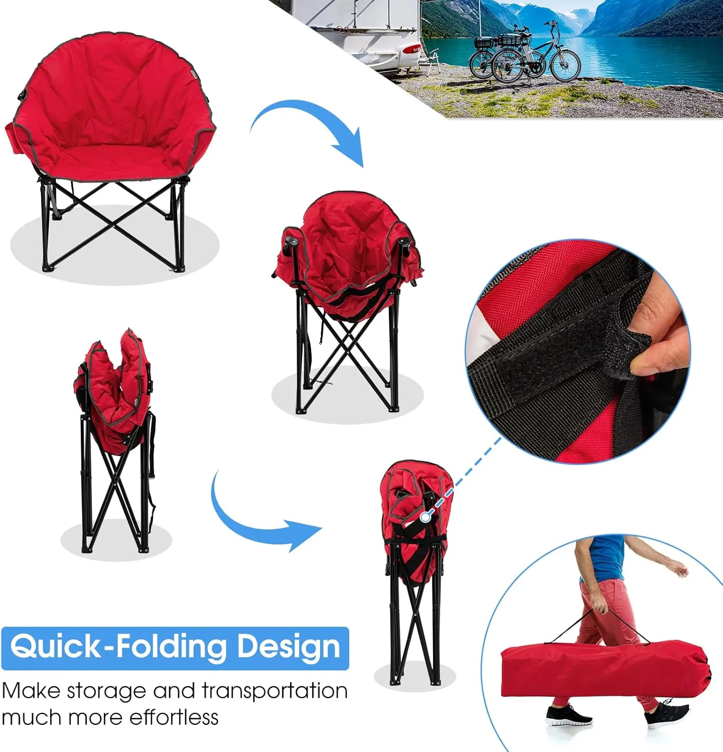 Giantex Portable Camping Chair, Lawn Chair, Outdoor Folding Chair with Cup Holder, Soft Seat, (Red)