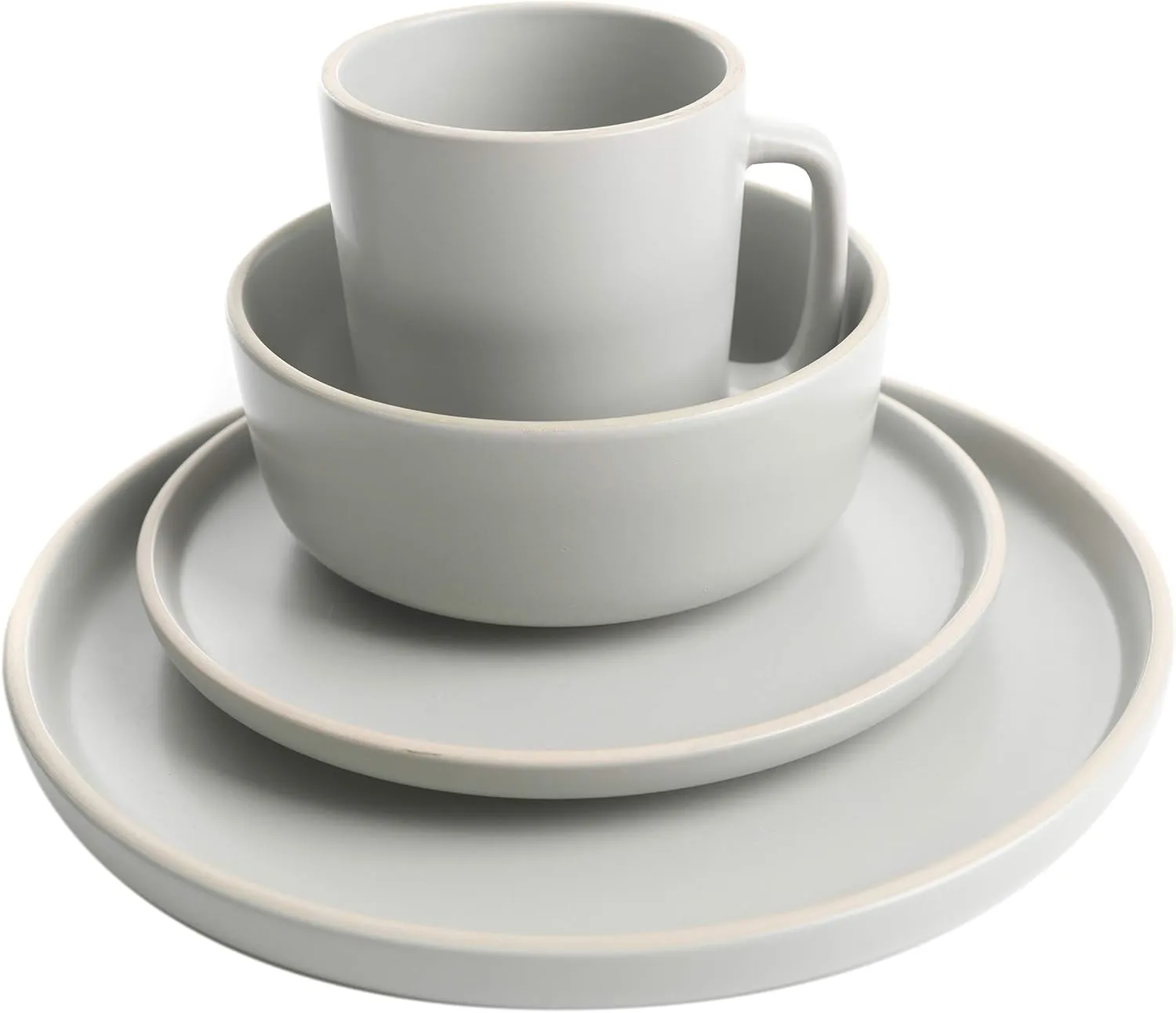 Gibson Home Zuma 16 Piece Round Kitchen Dinnerware Set, Dishes, Plates, Bowls, Mugs, Service for 4, Matte Stoneware, Light Grey