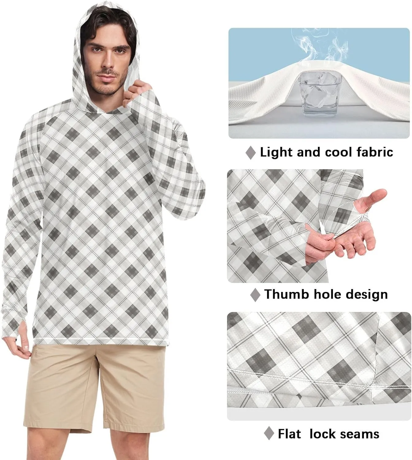 Gingham Plaid Mens Sun Shirts Protection Long Sleeve Fishing Shirt UPF 50  Sailing Rash Guard Rash Guard UV Shirts