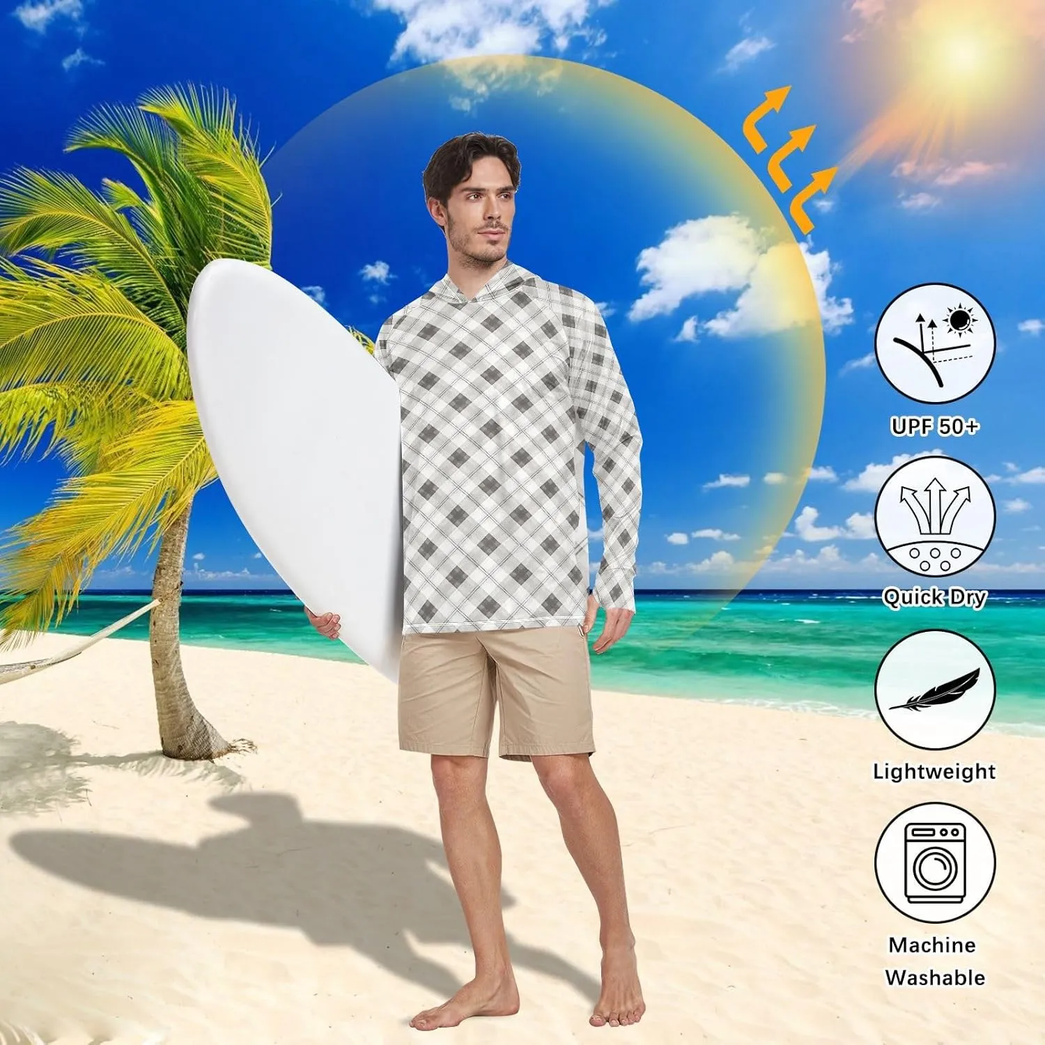 Gingham Plaid Mens Sun Shirts Protection Long Sleeve Fishing Shirt UPF 50  Sailing Rash Guard Rash Guard UV Shirts