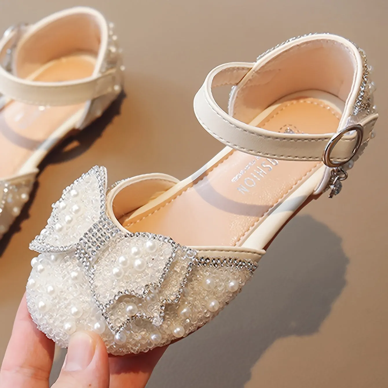Girls Breathable Lightweight Bowknot Rhinestone Flat Shoes