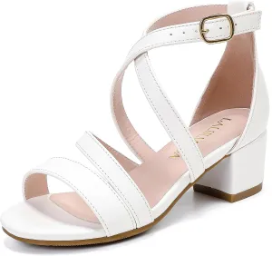 Girls Sandals Chunky High Heel Strappy Open Toe Ankle Strap Dress Shoes for Little Big Kids in Wedding Party