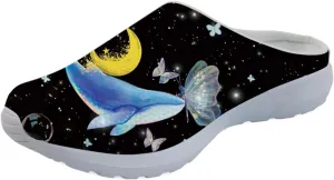 GLENLCWE Blue Dolphin Butterfly Mens Garden Clogs,Womens Slip on Clogs Soft Mesh Mules Walking Sandals Nurse Shoes Lightweight