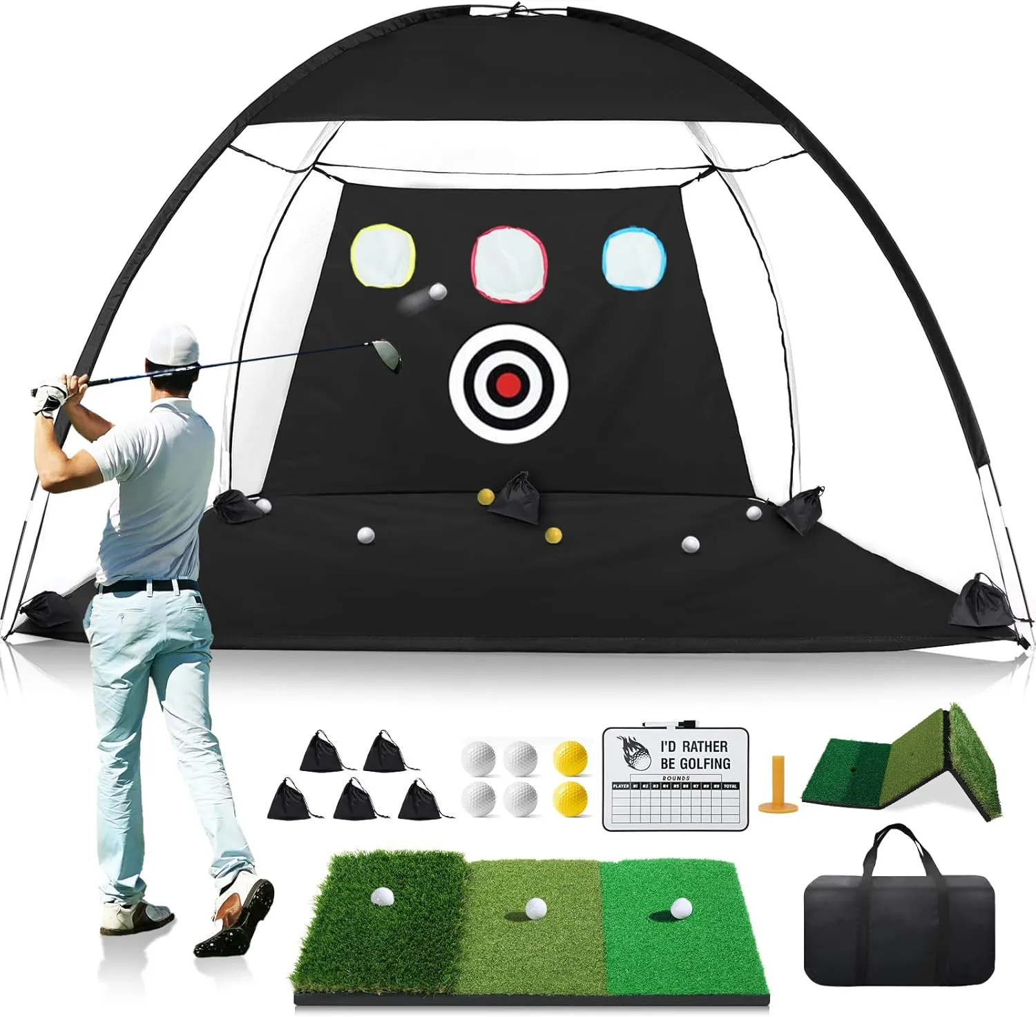 Golf Net, 10x7FT All-in-1 Home Golf Hitting Aid Set with Foldable Tri-Turf Practice Mat for Backyard Driving Chipping Swing Training with Scoreboard/Target/Balls, Gifts for Him Dad and Men Golfer