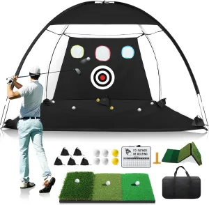 Golf Net, 10x7FT All-in-1 Home Golf Hitting Aid Set with Foldable Tri-Turf Practice Mat for Backyard Driving Chipping Swing Training with Scoreboard/Target/Balls, Gifts for Him Dad and Men Golfer