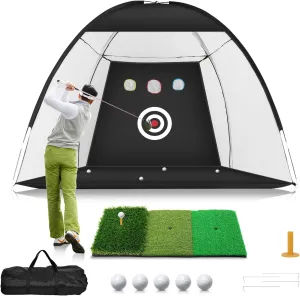 Golf Net, 10x7ft Practice Net with Tri-Turf Mat, All-in-1 Home Golf Hitting Aid for Backyard Driving Chipping Swing Training, Black