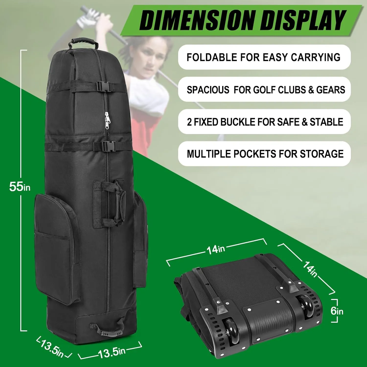 Golf Travel Bag with Wheels, Portable Golf Club Travel Cover for Airlines, 4 Large Pockets,1200D Heavy Duty Wear-Resistant, Soft Sided Foldable Golf Travel Case for Easy Storage