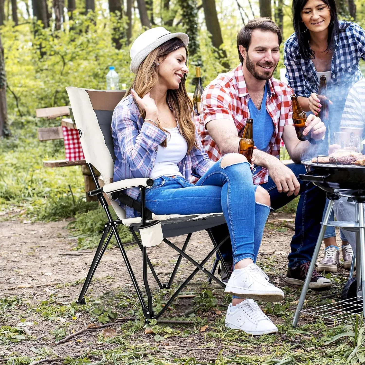 Goplus Camping Chairs, Portable Lumbar Back Beach Chair Heightened Design for Adults w/Cup Holder & Carrying Bag, Folding Chair for Outside, Fishing, Hiking, Picnic, Lawn (330 LBS Weight Capacity)