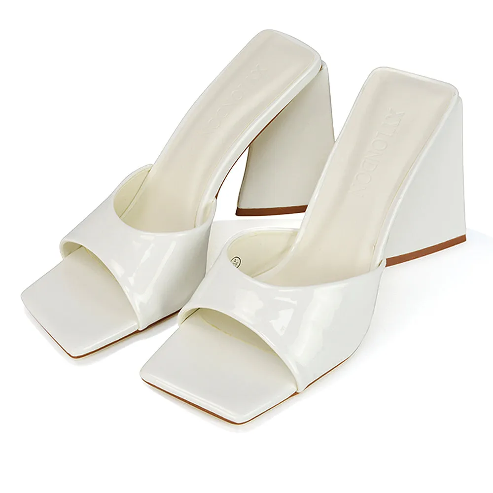 Gracia Square Peep Toe Sculptured Flared Block Heeled Mules in White Patent
