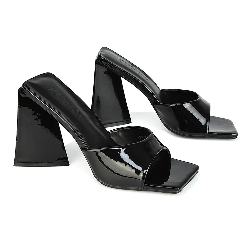 Gracia Square Peep Toe Sculptured Flared Block Heeled Mules in White Patent