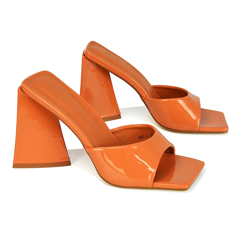 Gracia Square Peep Toe Sculptured Flared Block Heeled Mules in White Patent