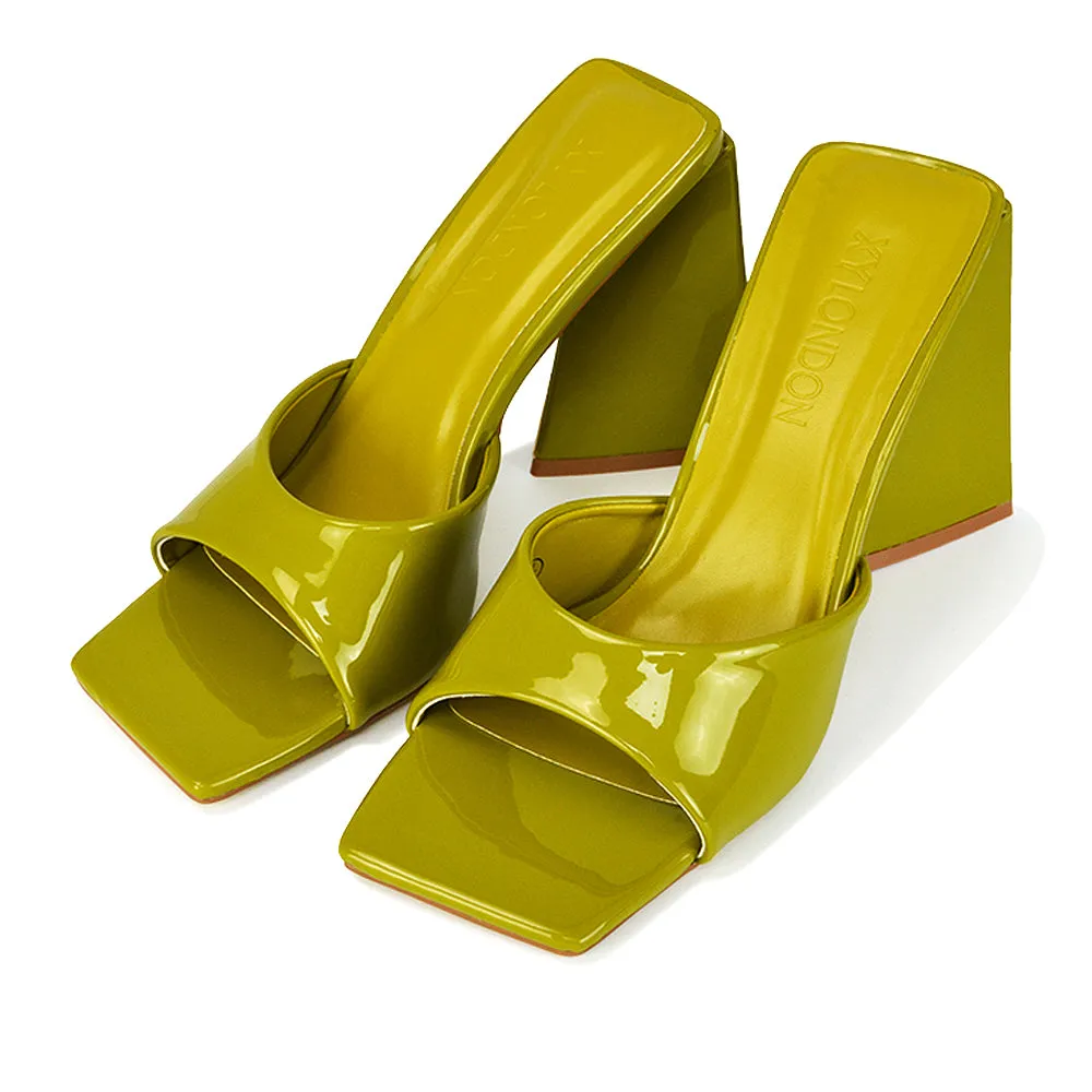 Gracia Square Peep Toe Sculptured Flared Block Heeled Mules in White Patent