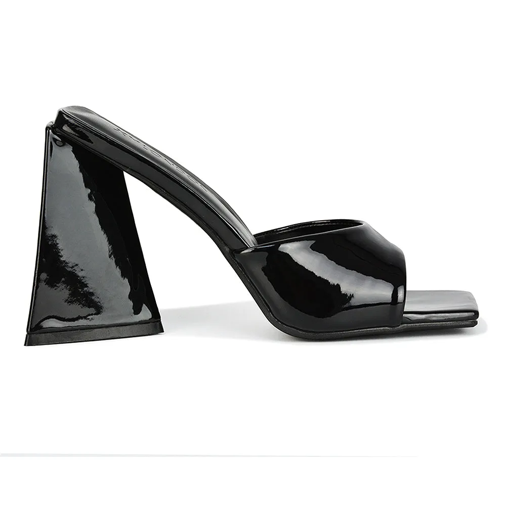 Gracia Square Peep Toe Sculptured Flared Block Heeled Mules in White Patent