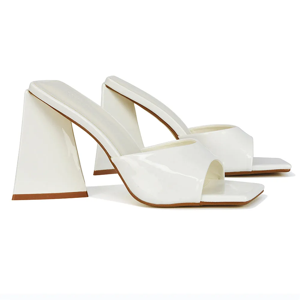 Gracia Square Peep Toe Sculptured Flared Block Heeled Mules in White Patent