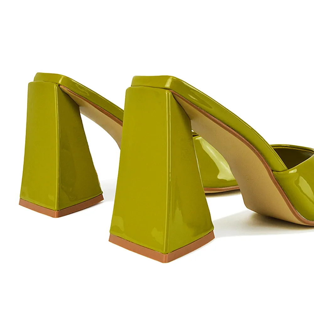 Gracia Square Peep Toe Sculptured Flared Block Heeled Mules in White Patent