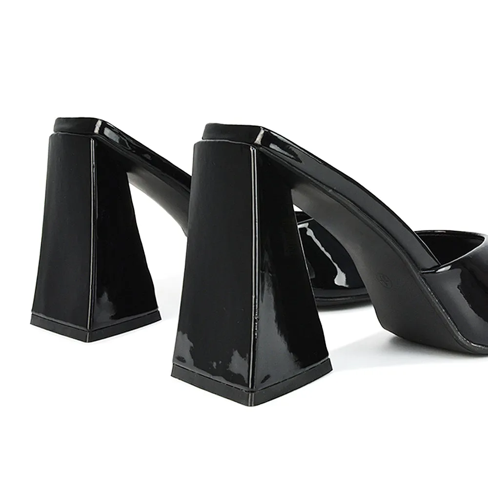 Gracia Square Peep Toe Sculptured Flared Block Heeled Mules in White Patent
