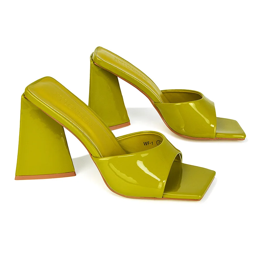 Gracia Square Peep Toe Sculptured Flared Block Heeled Mules in White Patent