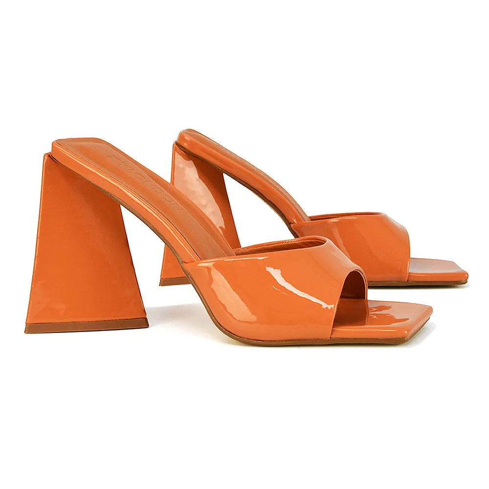 Gracia Square Peep Toe Sculptured Flared Block Heeled Mules in White Patent