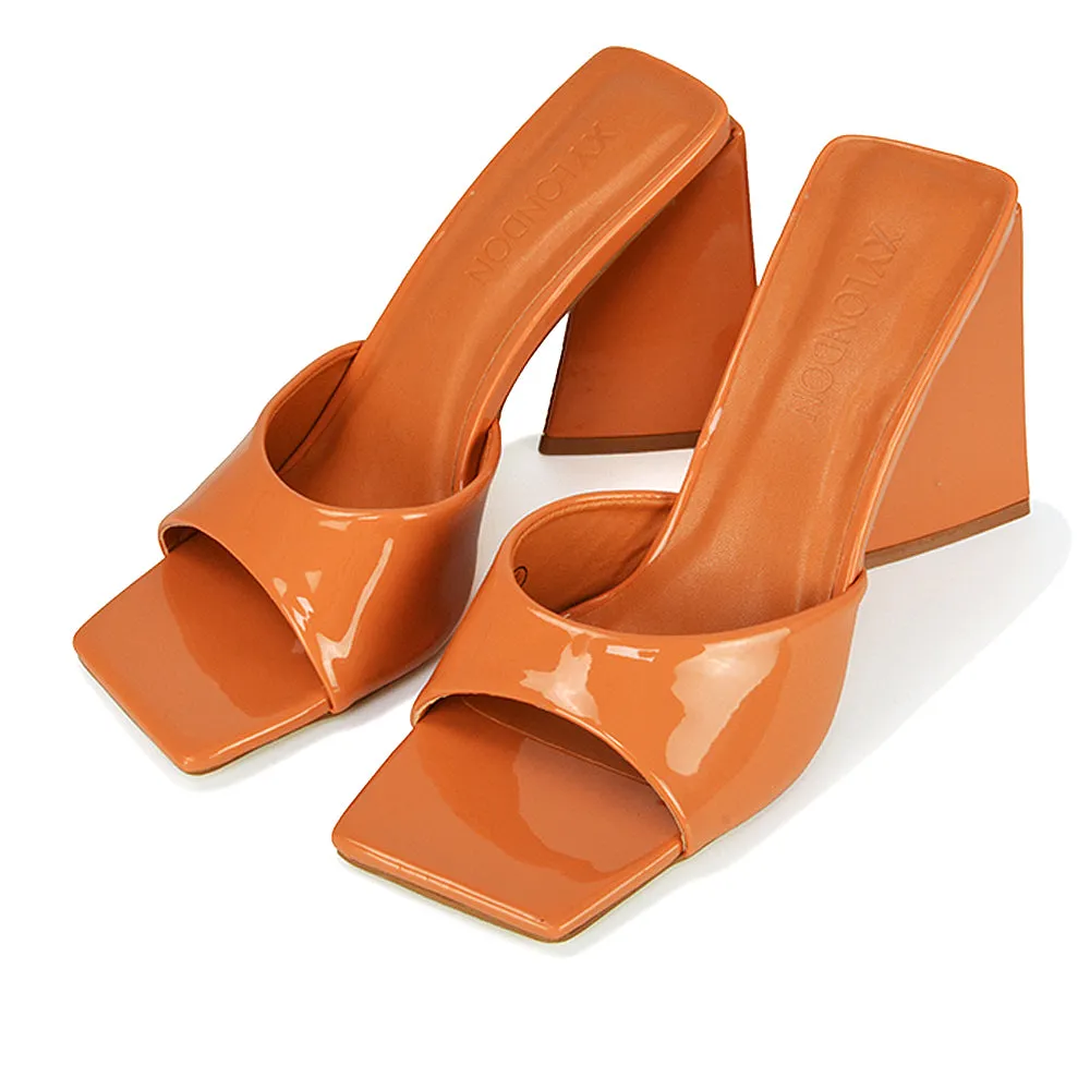 Gracia Square Peep Toe Sculptured Flared Block Heeled Mules in White Patent