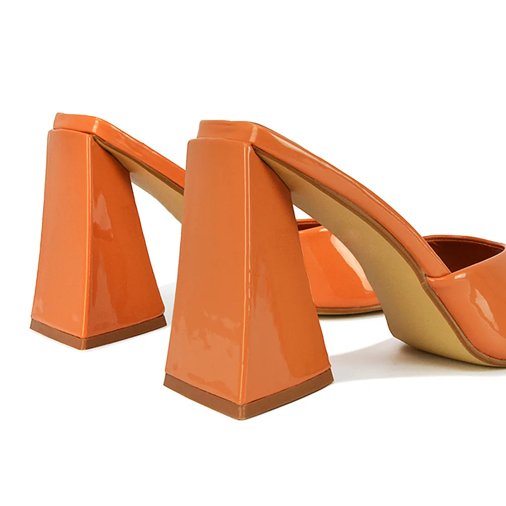 Gracia Square Peep Toe Sculptured Flared Block Heeled Mules in White Patent