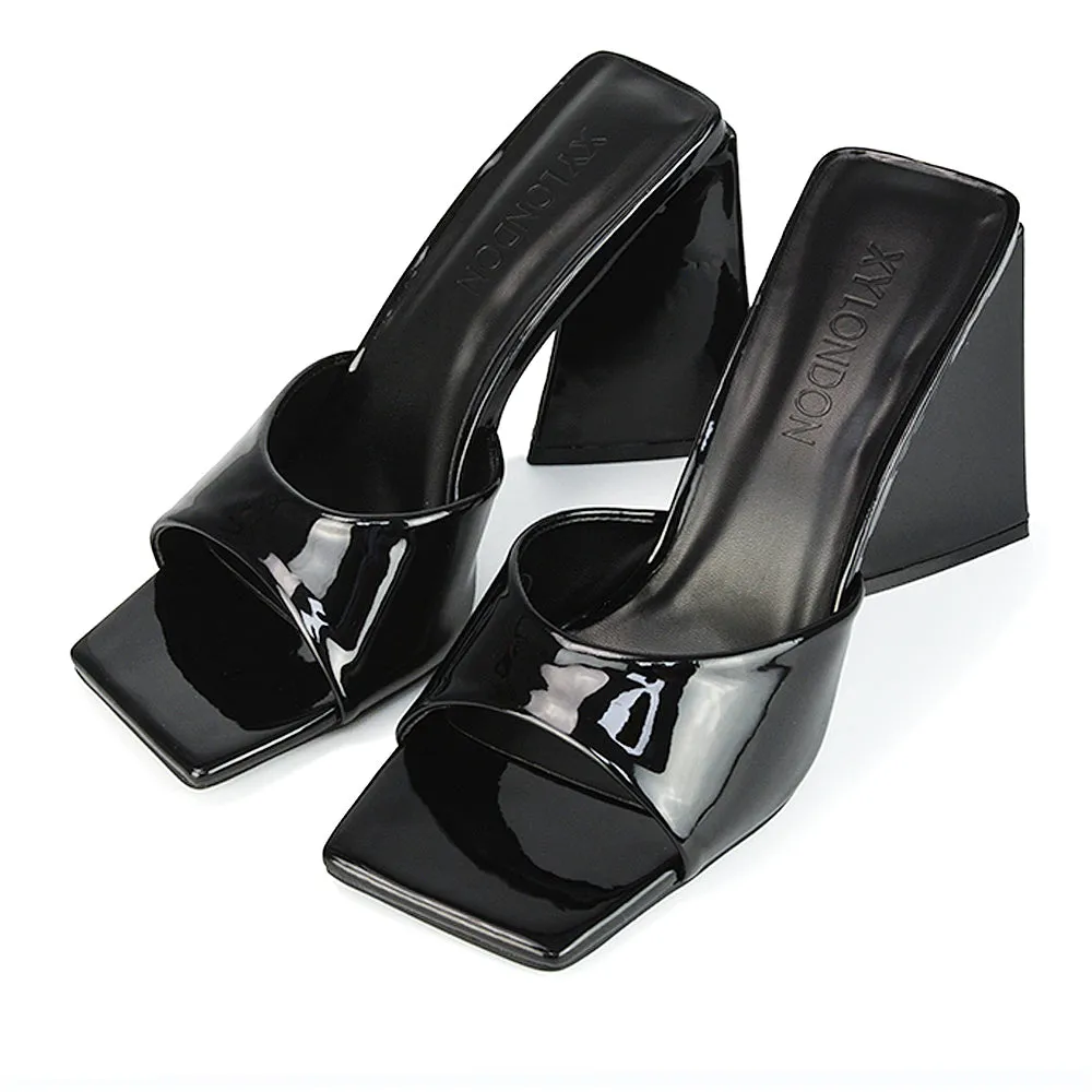 Gracia Square Peep Toe Sculptured Flared Block Heeled Mules in White Patent