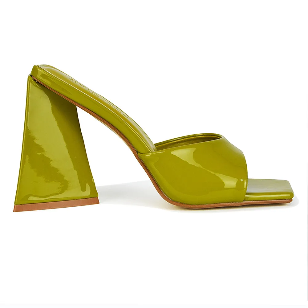 Gracia Square Peep Toe Sculptured Flared Block Heeled Mules in White Patent