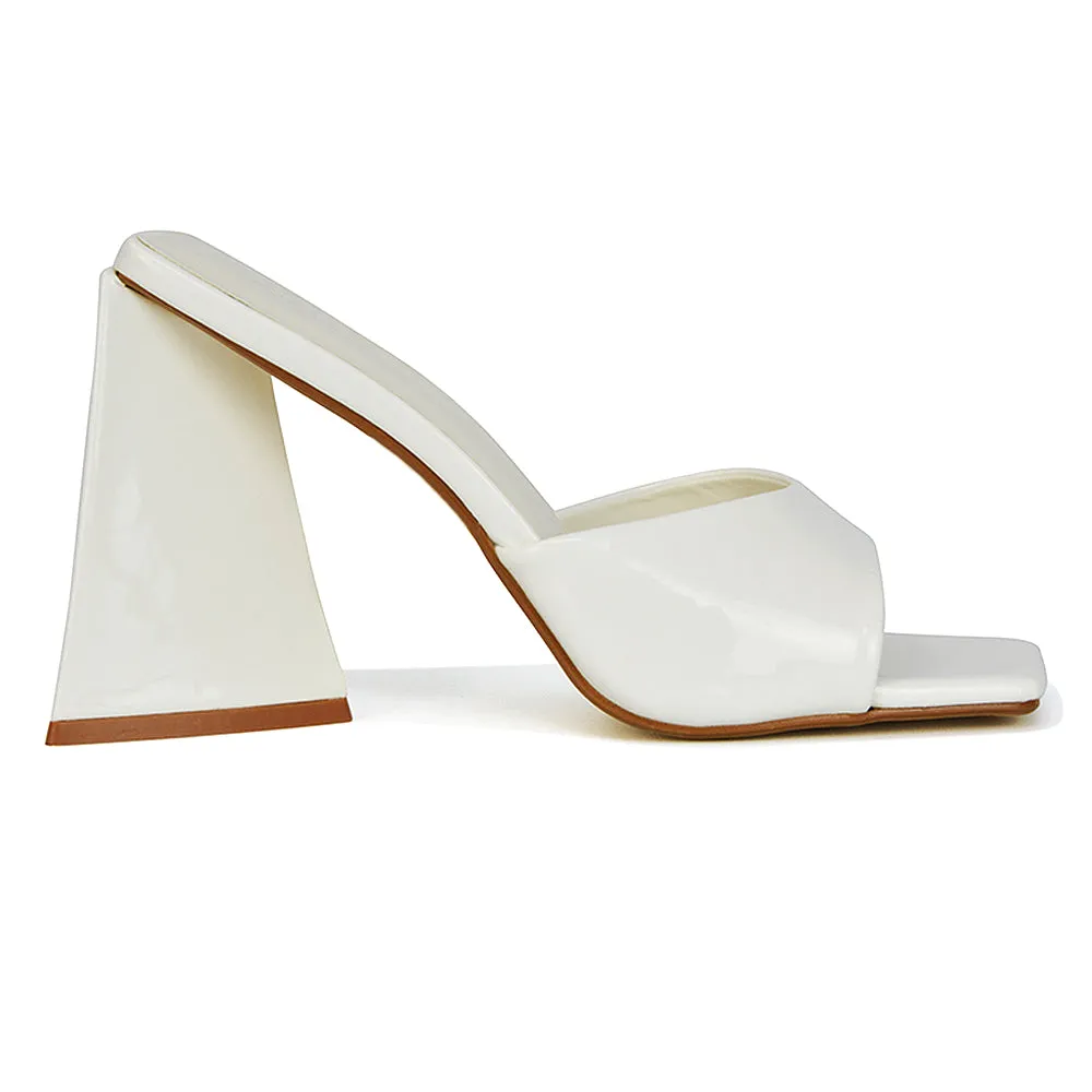 Gracia Square Peep Toe Sculptured Flared Block Heeled Mules in White Patent