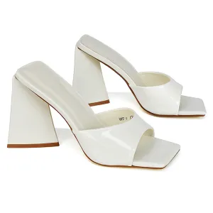 Gracia Square Peep Toe Sculptured Flared Block Heeled Mules in White Patent