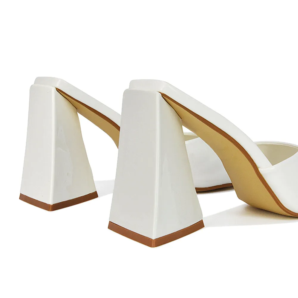 Gracia Square Peep Toe Sculptured Flared Block Heeled Mules in White Patent