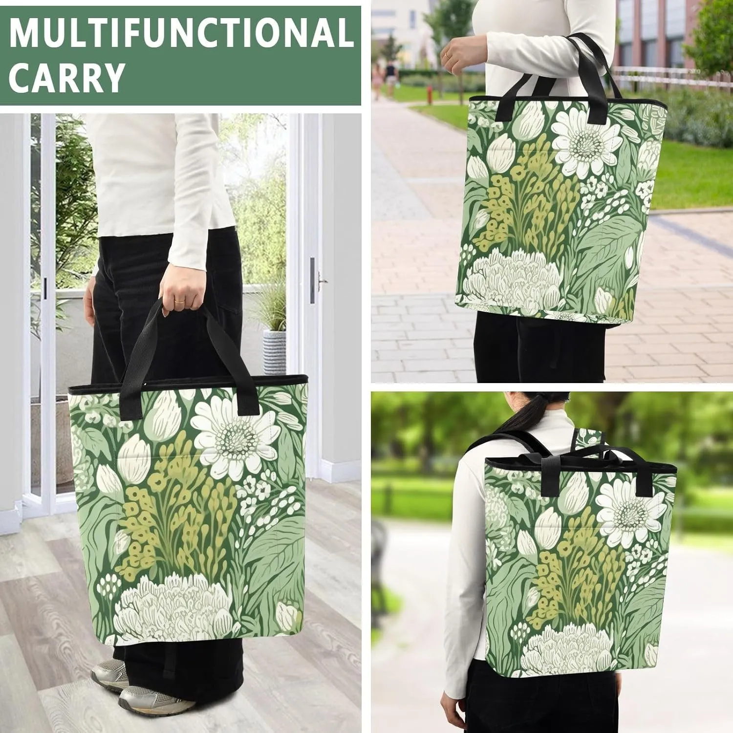 Green Floral Backpack Coolers Insulated Leak Proof 36 Cans Picnic Bag, 13.8''x5.9''x16.5