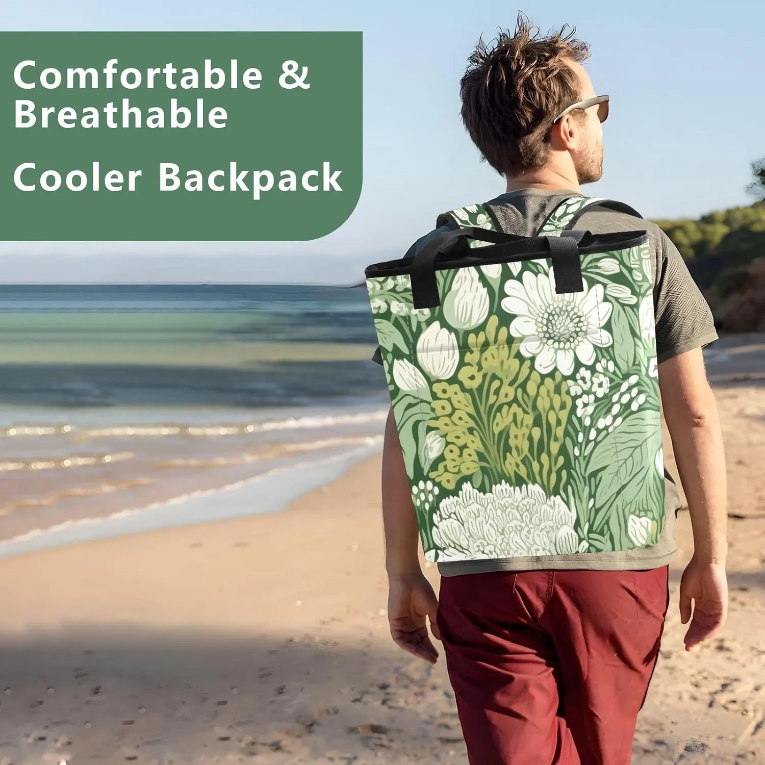 Green Floral Backpack Coolers Insulated Leak Proof 36 Cans Picnic Bag, 13.8''x5.9''x16.5