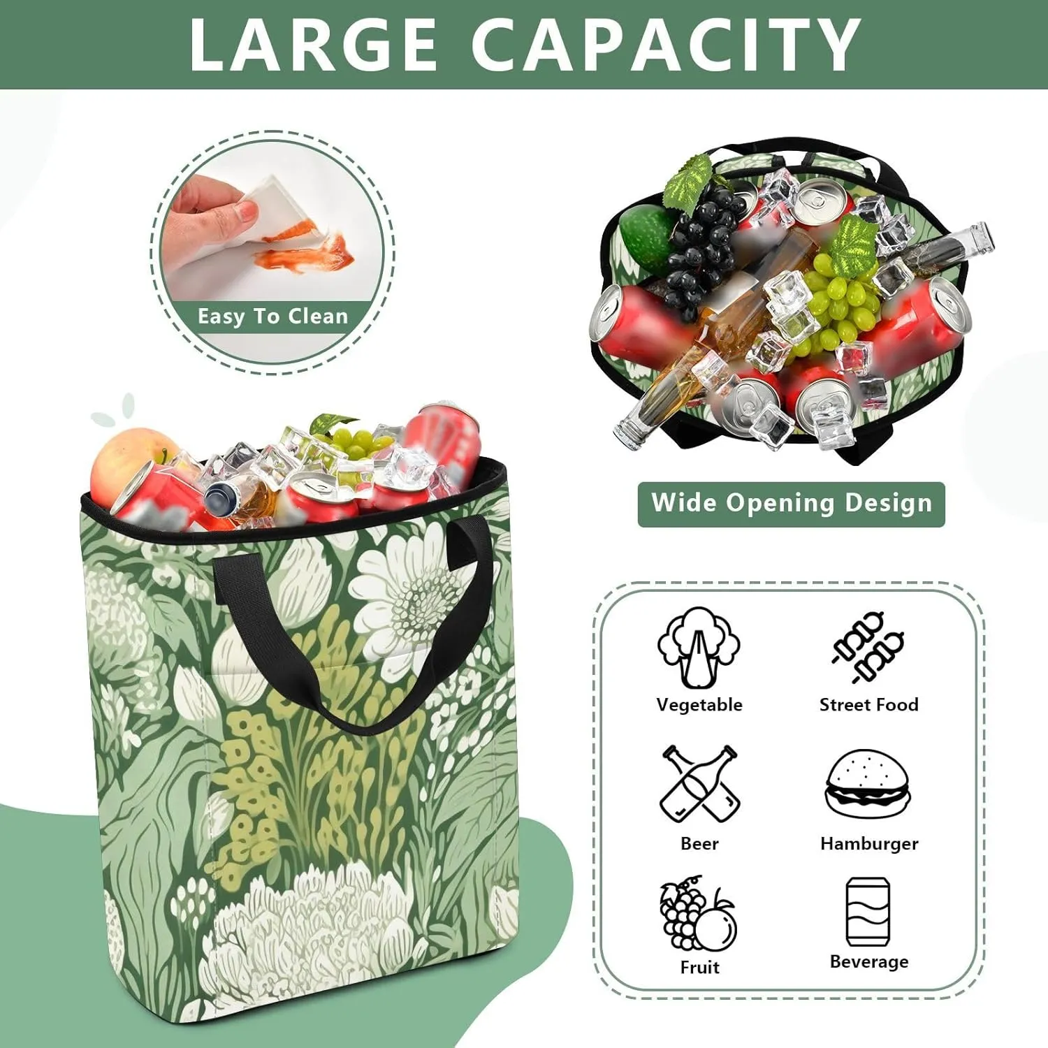 Green Floral Backpack Coolers Insulated Leak Proof 36 Cans Picnic Bag, 13.8''x5.9''x16.5