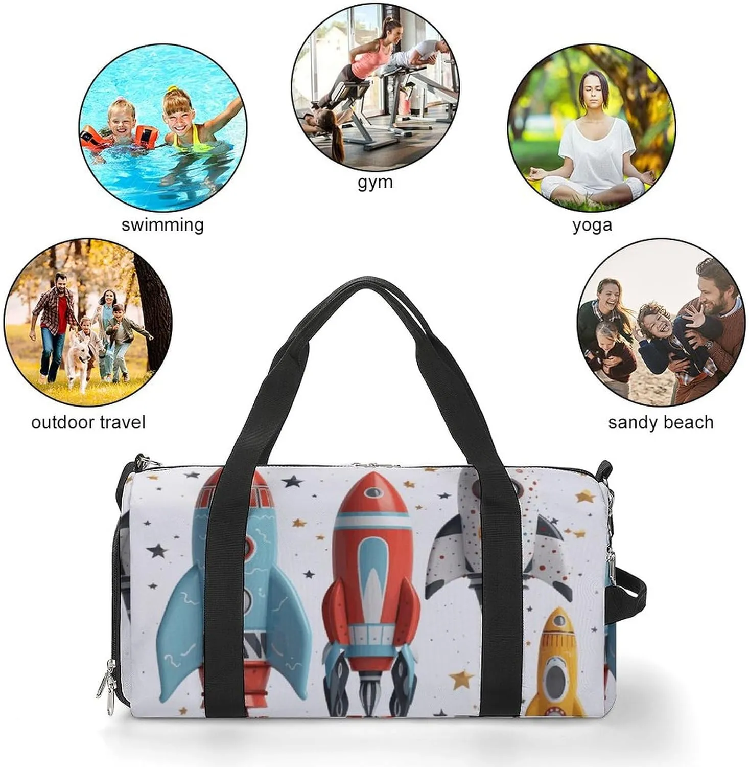 Gym Bag Cartoon Rockets Duffel Bag for Men Women Overnight Bag with Shoe Compartment Workout Bags