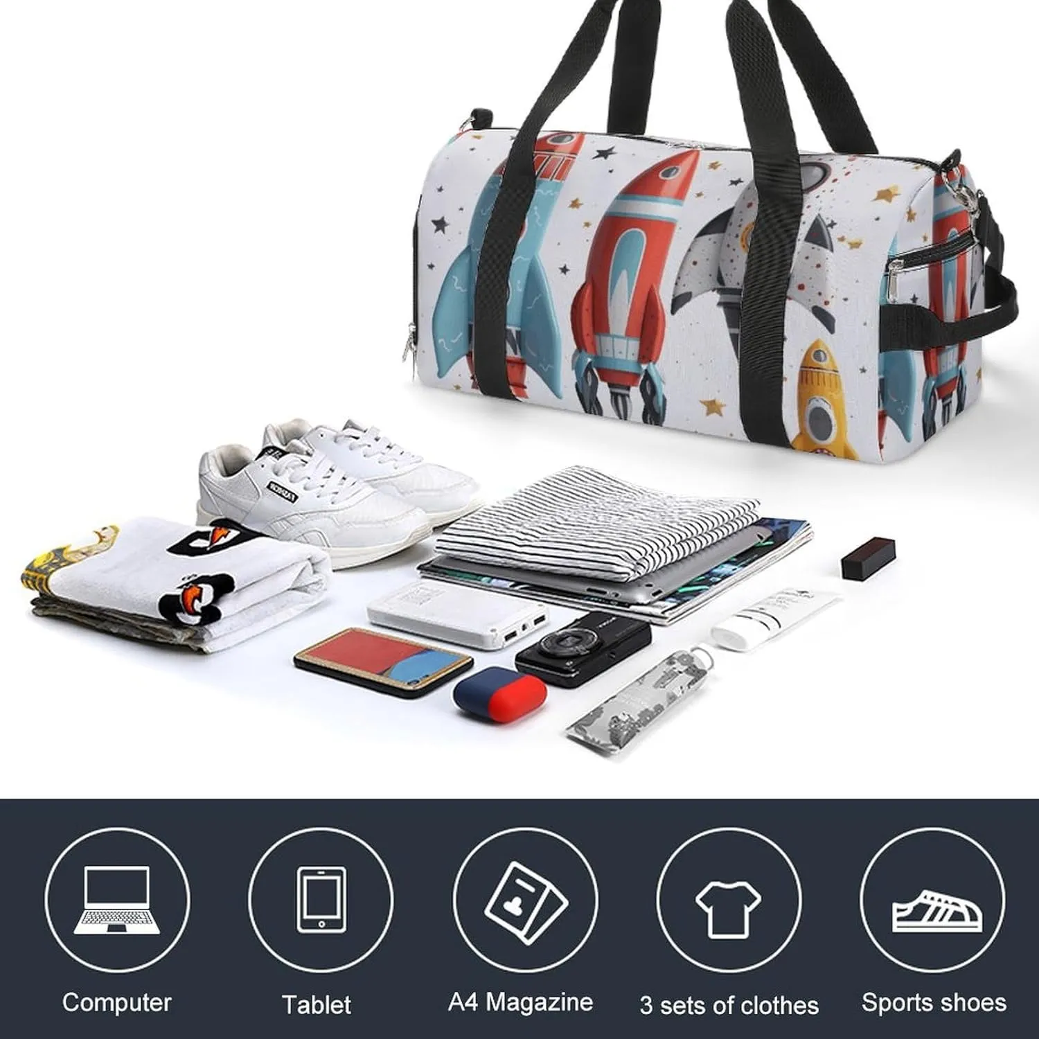 Gym Bag Cartoon Rockets Duffel Bag for Men Women Overnight Bag with Shoe Compartment Workout Bags