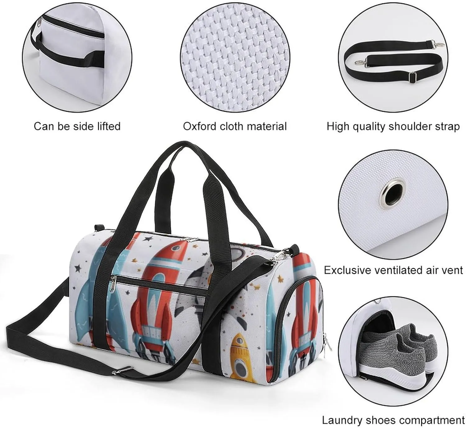 Gym Bag Cartoon Rockets Duffel Bag for Men Women Overnight Bag with Shoe Compartment Workout Bags