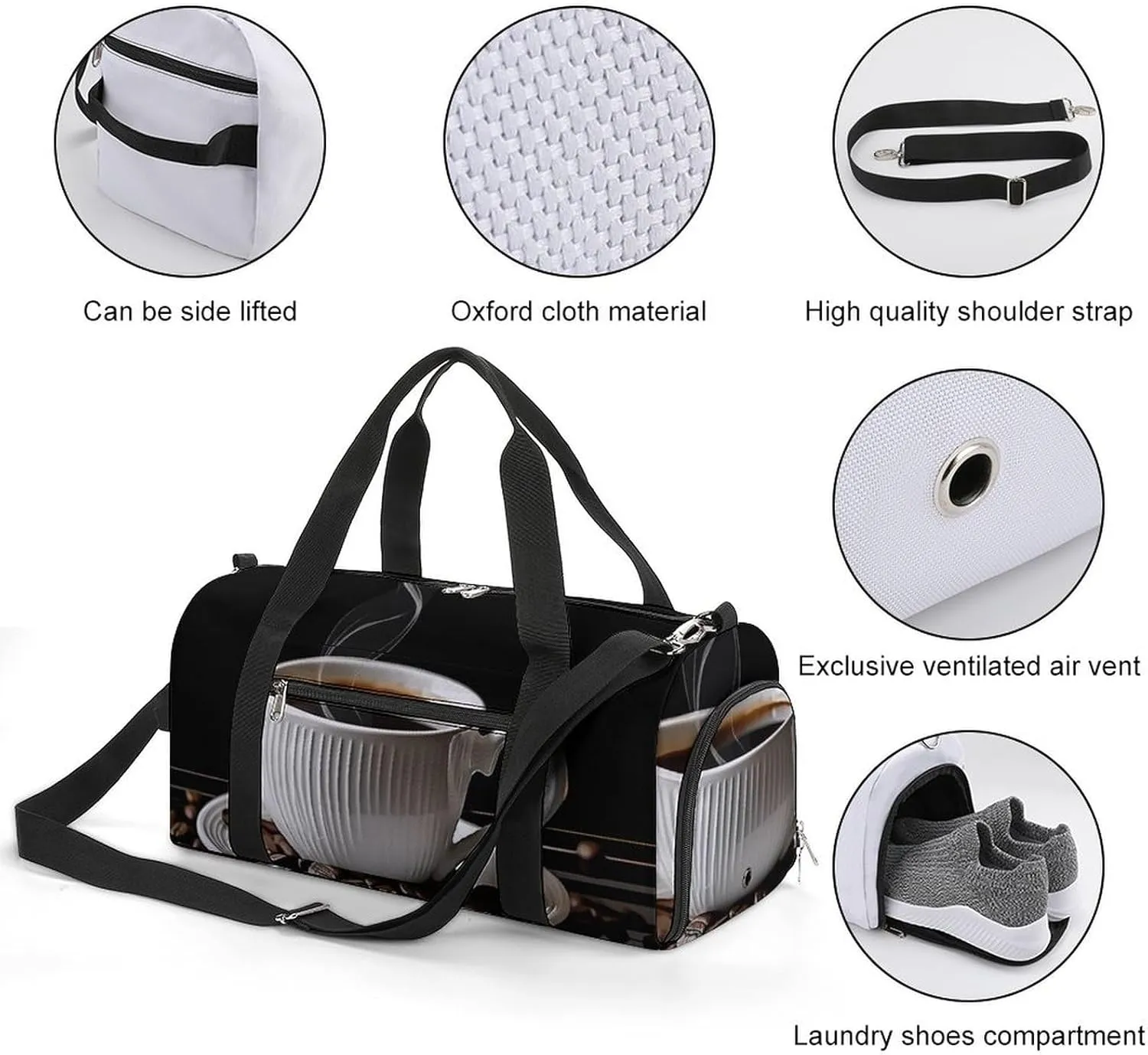 Gym Bags for Men Women Coffee Cup And Coffee Beans Duffle Bag Travel Overnight Bag with Shoe Compartment Tote Bags