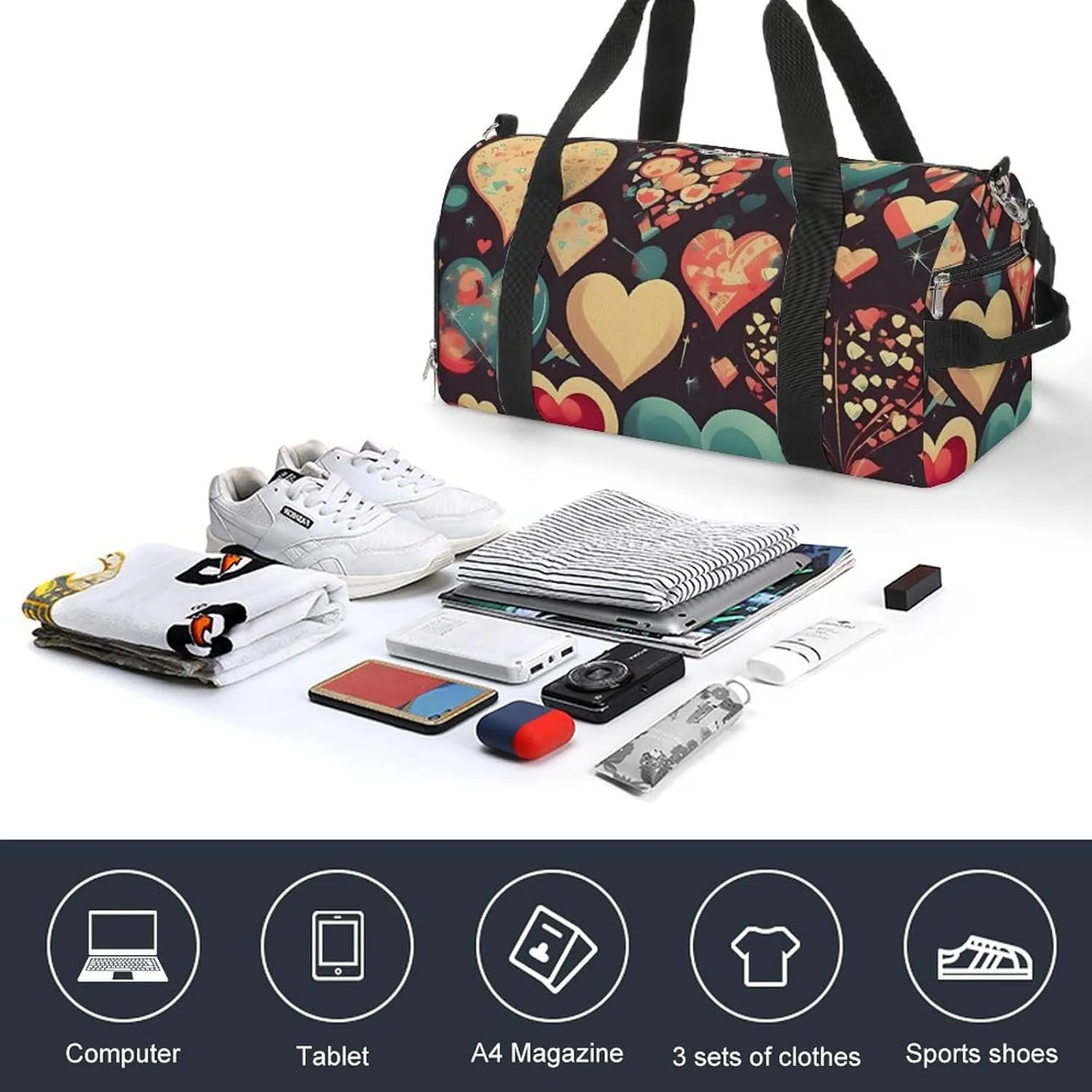 Gym Bags for Men Women Heart Crush Flower Duffle Bag Travel Overnight Bag with Shoe Compartment Tote Bags