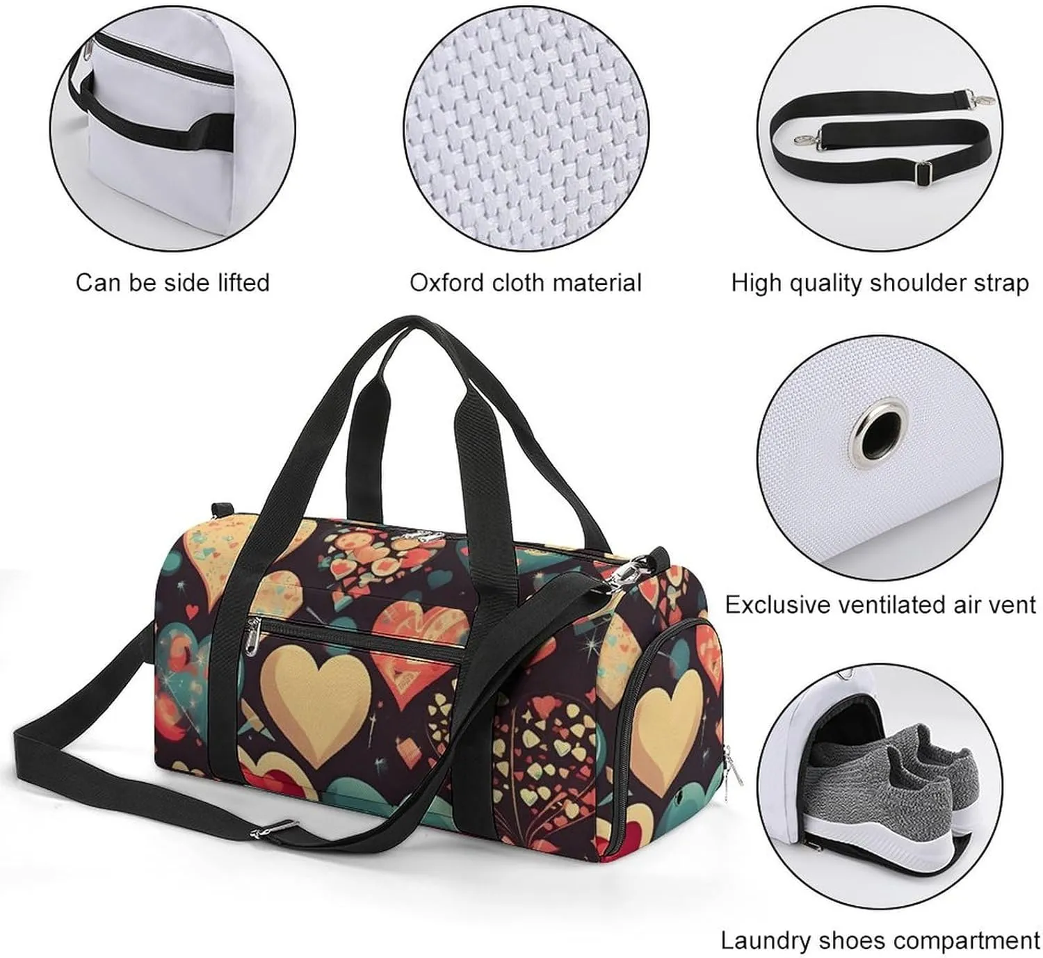 Gym Bags for Men Women Heart Crush Flower Duffle Bag Travel Overnight Bag with Shoe Compartment Tote Bags