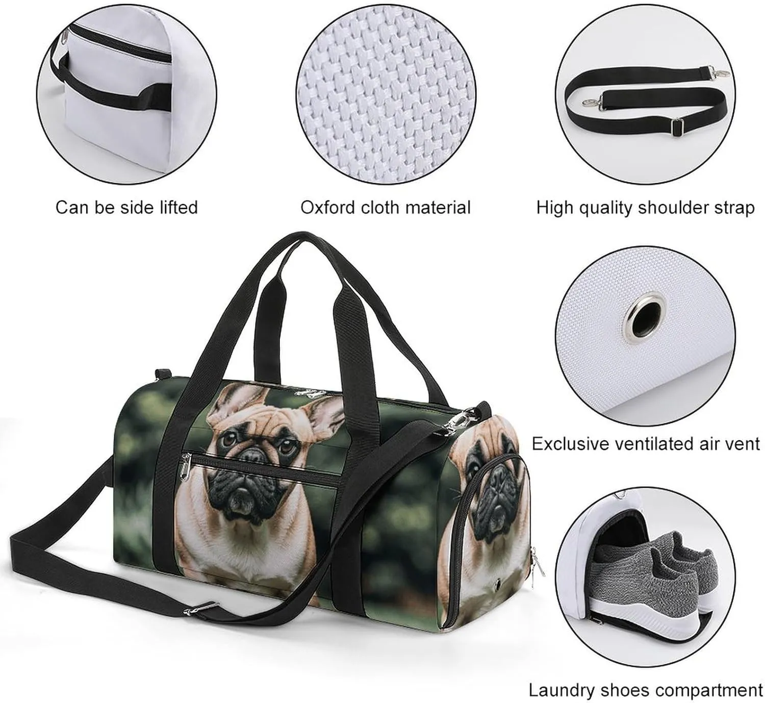 Gym Bags Small Long Ears French Bulldog Duffel Bag Overnight Bag with Shoe Compartment Carryon Bag for Men Women