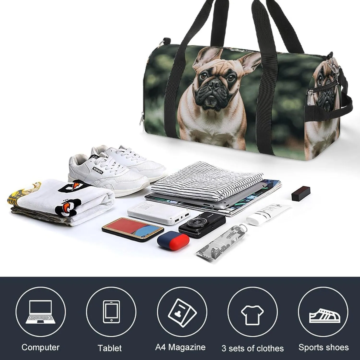 Gym Bags Small Long Ears French Bulldog Duffel Bag Overnight Bag with Shoe Compartment Carryon Bag for Men Women