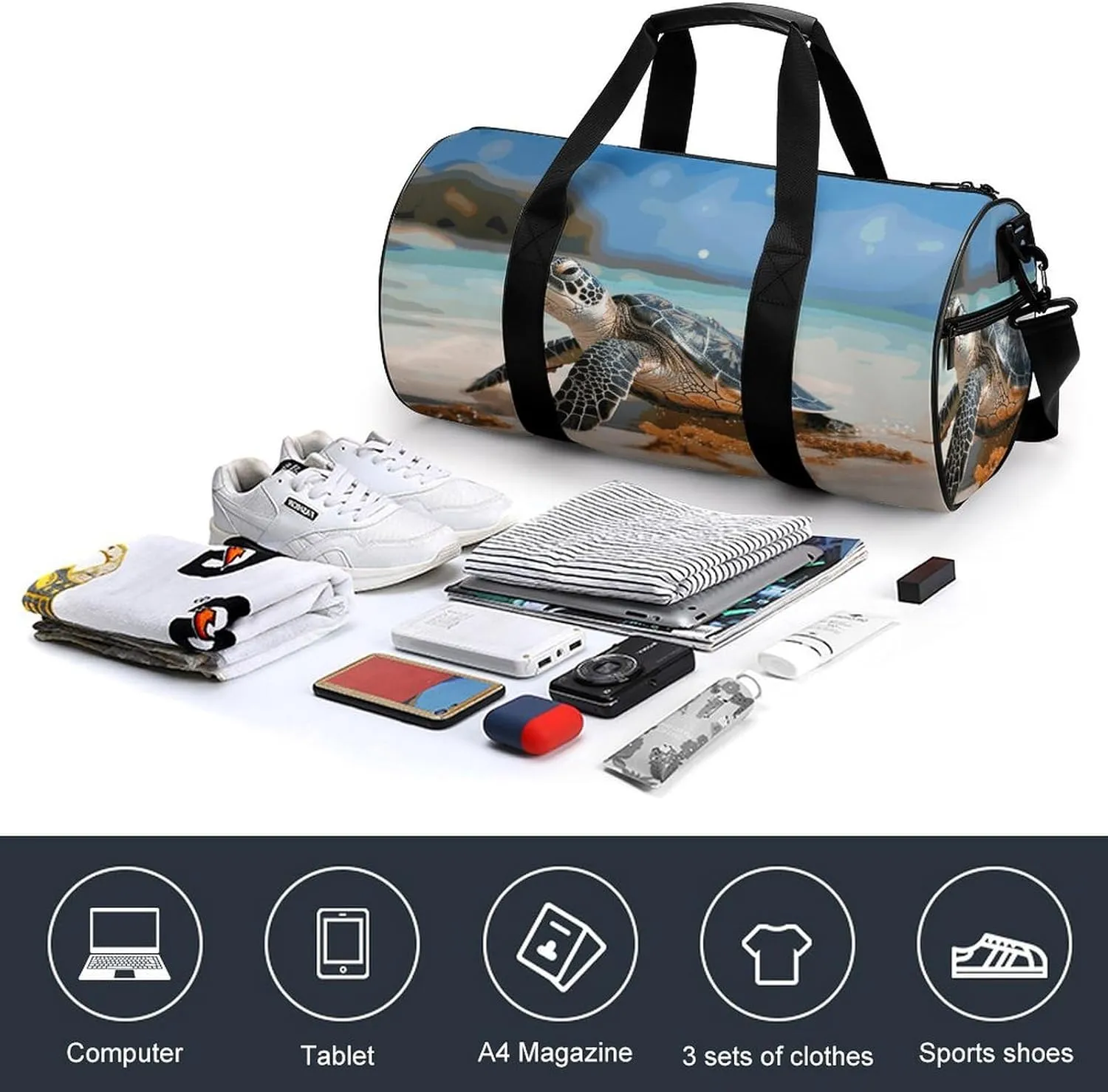 Gym Bags Small Sea Turtle on The Beach Duffel Bag Overnight Bag with Shoe Compartment Carryon Bag for Men Women