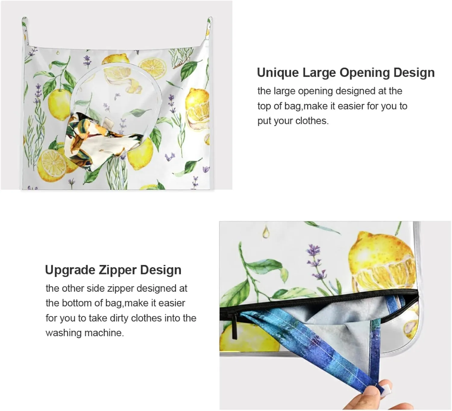 Hand Drawn Seamless Yellow Lemons Lavender Flowers Leaves on White Hanging Laundry Hamper Bag, Dirty Clothes Bag over the Door, Wall Cloth Basket with Hooks Storage Closet for Bathroom Bedroom