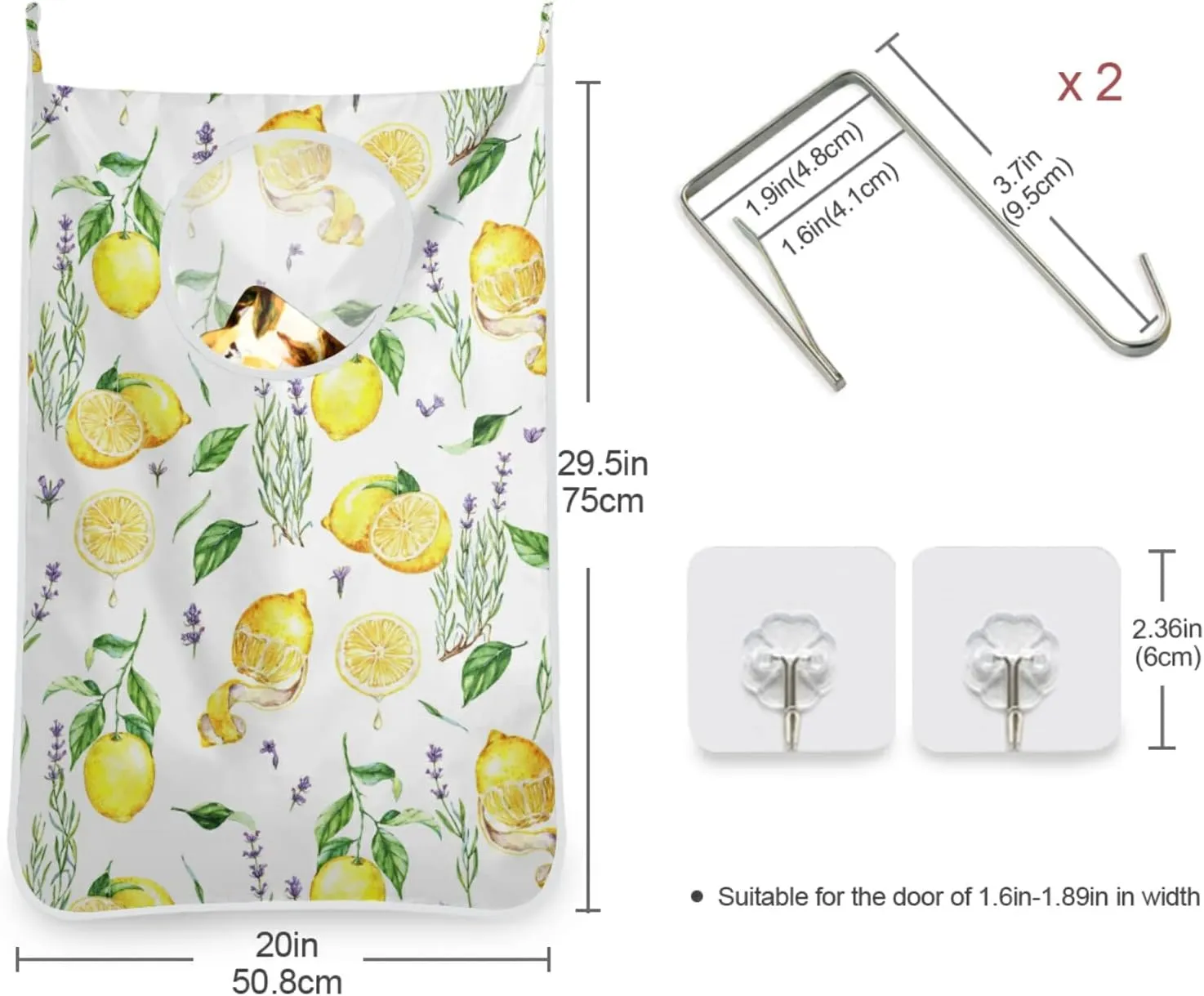 Hand Drawn Seamless Yellow Lemons Lavender Flowers Leaves on White Hanging Laundry Hamper Bag, Dirty Clothes Bag over the Door, Wall Cloth Basket with Hooks Storage Closet for Bathroom Bedroom