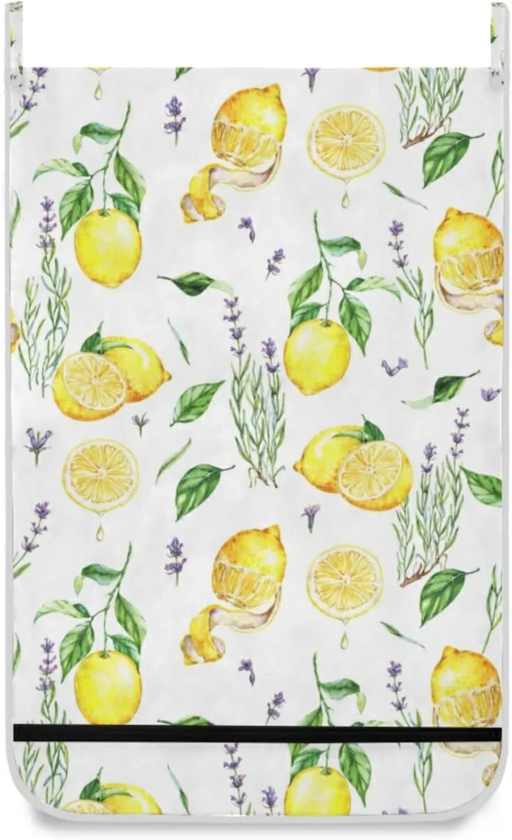 Hand Drawn Seamless Yellow Lemons Lavender Flowers Leaves on White Hanging Laundry Hamper Bag, Dirty Clothes Bag over the Door, Wall Cloth Basket with Hooks Storage Closet for Bathroom Bedroom