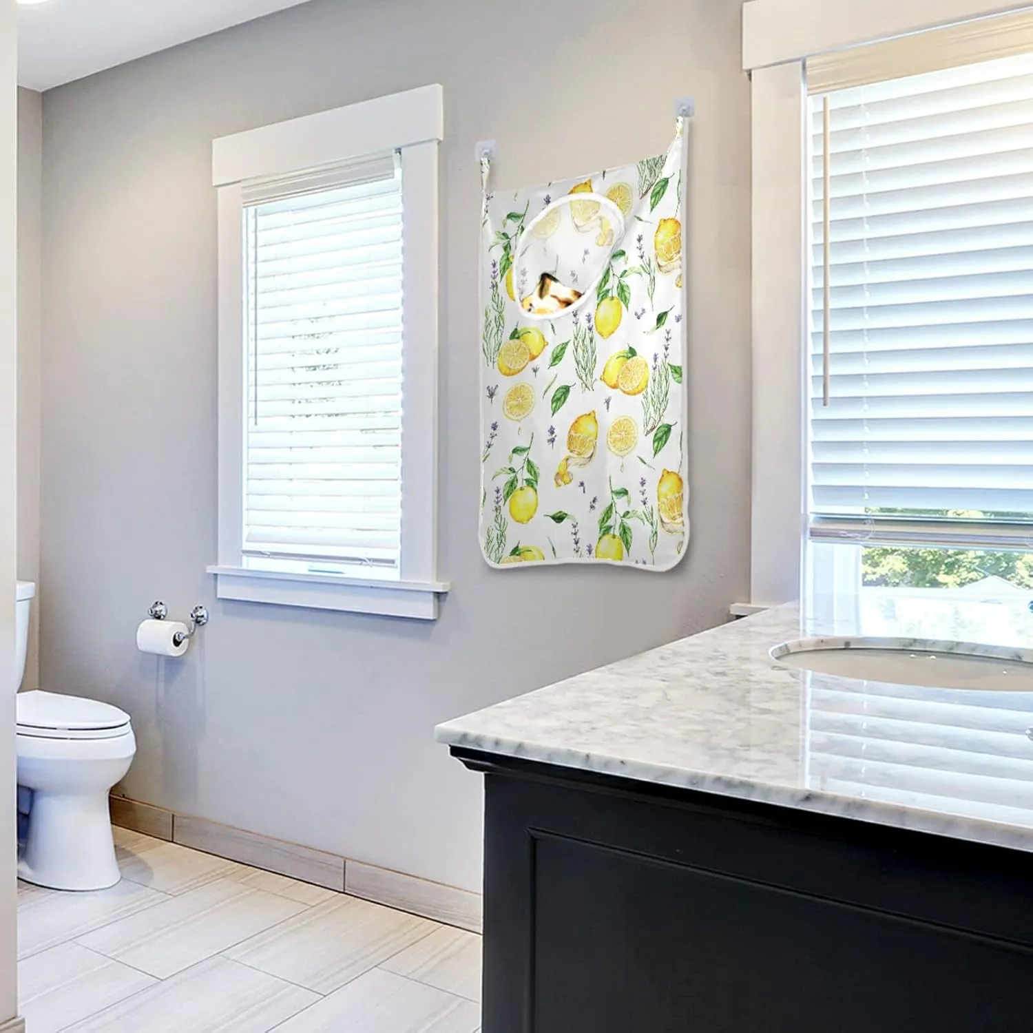 Hand Drawn Seamless Yellow Lemons Lavender Flowers Leaves on White Hanging Laundry Hamper Bag, Dirty Clothes Bag over the Door, Wall Cloth Basket with Hooks Storage Closet for Bathroom Bedroom
