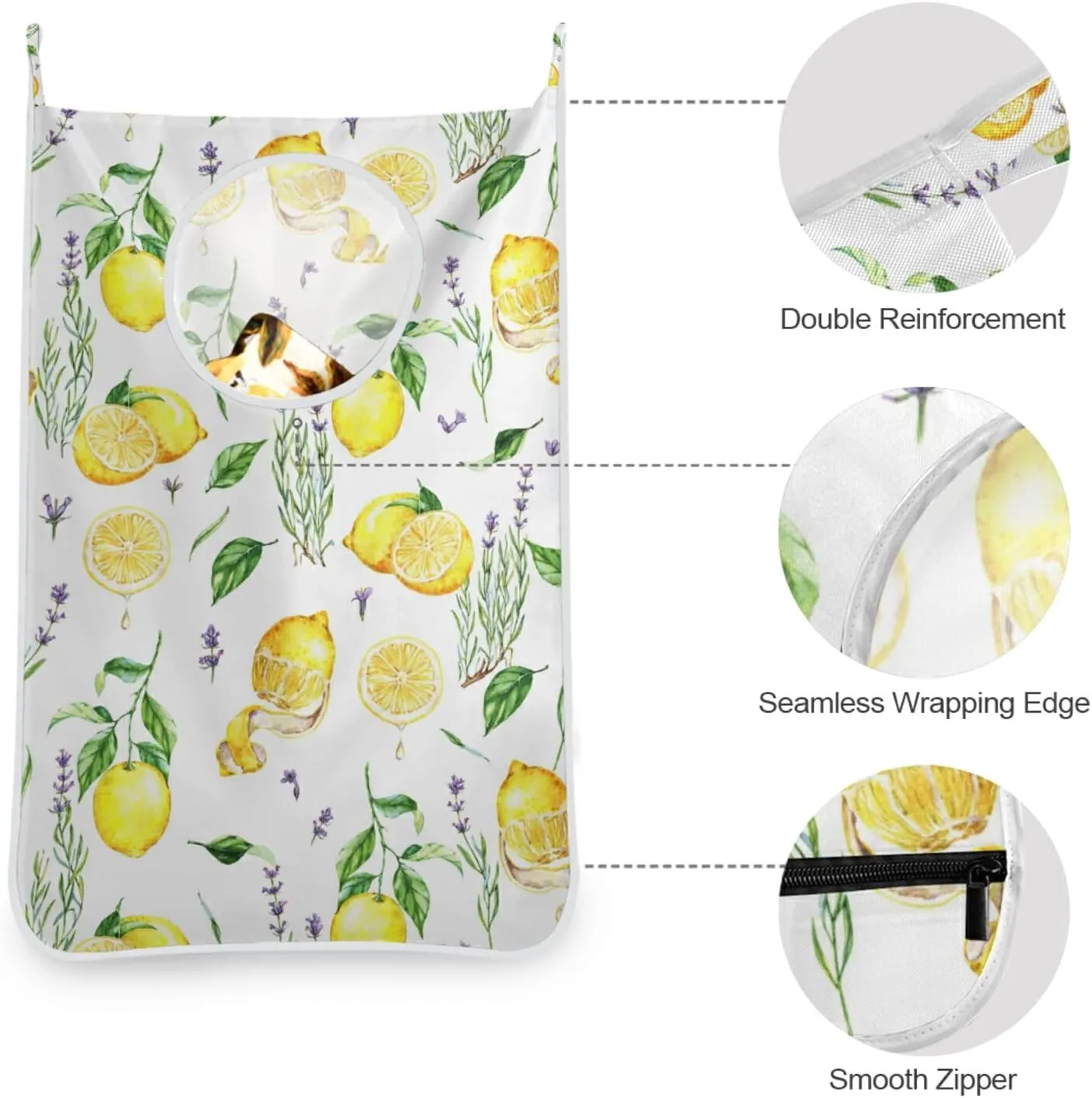Hand Drawn Seamless Yellow Lemons Lavender Flowers Leaves on White Hanging Laundry Hamper Bag, Dirty Clothes Bag over the Door, Wall Cloth Basket with Hooks Storage Closet for Bathroom Bedroom